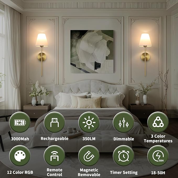 Battery Operated Wall Sconce Set of 2, 15 Colors Wireless Wall Light With Dimmable Remote Control Last 18-50 Hours, Gold Rechargeable Wall Lamp With White Fabric Shade For Living Room Bedroom Hallway