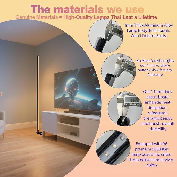 LED Corner Floor Lamp, 65inch Smart Modern Floor Lamp with Music Sync, APP & Remote Control, Adjustable Brightness & 16 Million RGB Colors, Standing Lamp for Living Room Bedroom Gaming Room
