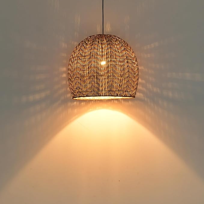13.77" Rattan Pendant Light 1-Pack Rustic Curry Rattan Hanging Light Hand-Woven Wicker Chandelier for Dining Living Bedroom Kitchen Farmhouse