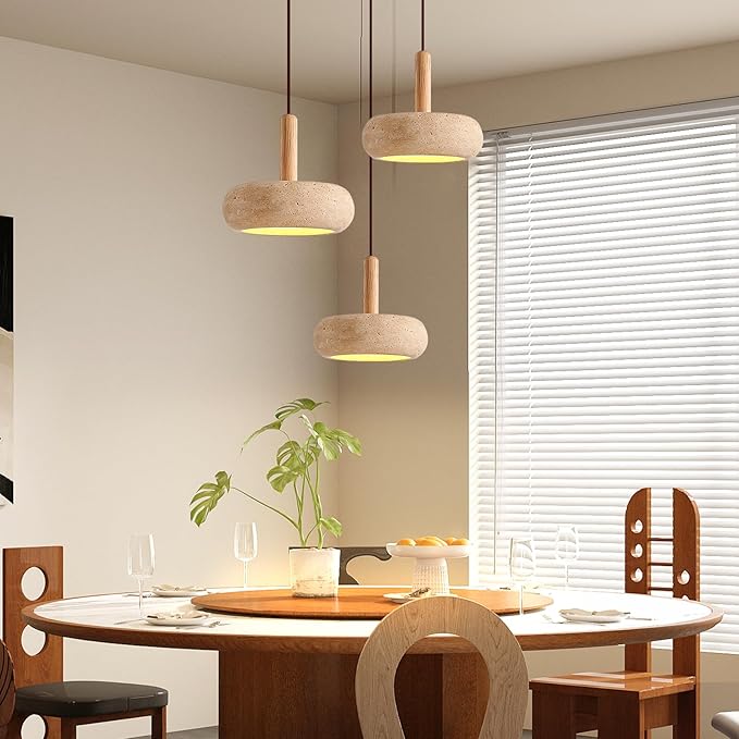 Wabi Sabi Pendant Light Natural Stone Shade, 7" Kitchen Island Hanging Lighting Fixture, Yellow Travertine Pendant Lights, 18W Coastal Wabi Sabi Marble Wood Chandelier for Dining Room Bedside Hallway