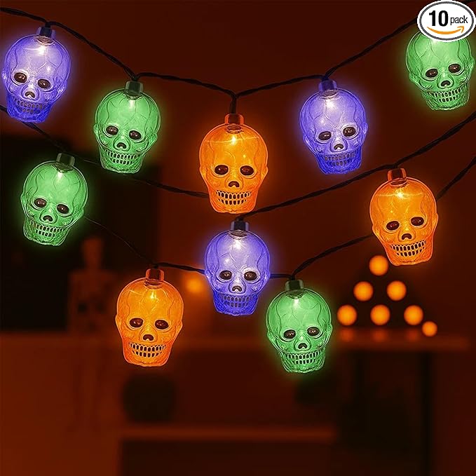 Halloween Skeleton Lights,8.5Ft Halloween Skull Lights with 10 LED Orange Purple Green Skeleton Lamp Waterproof UL Listed for Indoor Bedroom Patio Doors, Windows, Porches, Halloween Party Decor