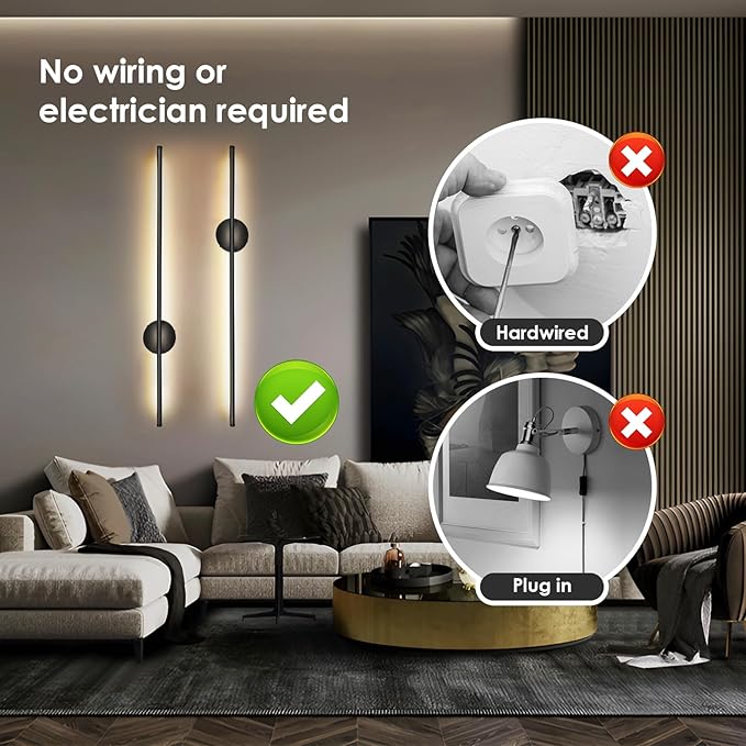 Battery Operated Wall Sconces Set of Two, Wireless Rechargeable Wall Lights with Remote Control, Dimmable LED Wall Lamp Indoor, Wireless Lights for Living Room Bedroom Hallway, Black