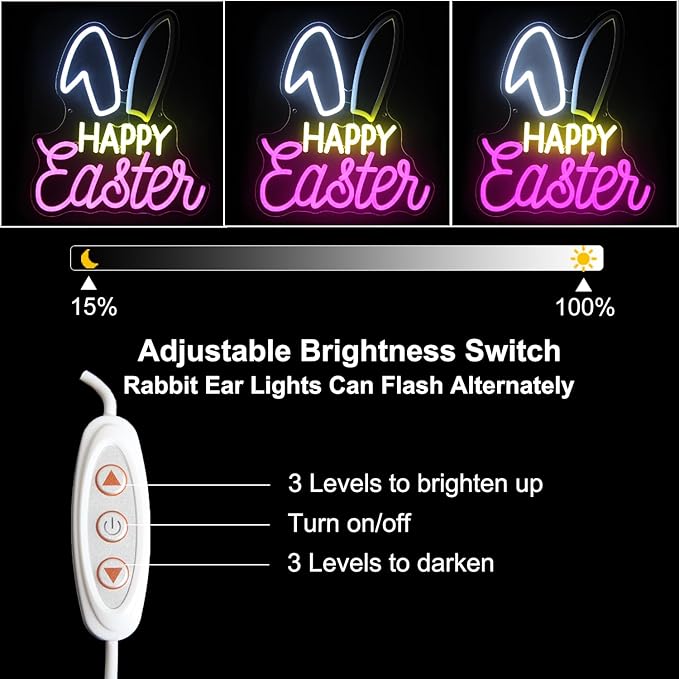 Happy Easter Neon Sign for Wall Dimmable Bunny LED Light Sign for Bedroom Kids Room Pink White Rabbit Decor Easter Lights for Holiday Party Supplies Cute Animal Night Light Gift 15" x 12.6"