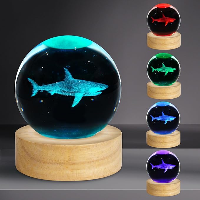 3D Crystal Ball Night Light 2.4in Shark Figurines Decor Table Lamp With 16 Colors Change - Stuff for Room Birthday Christmas Toys Gifts for Kids Friends Women Shark Lovers