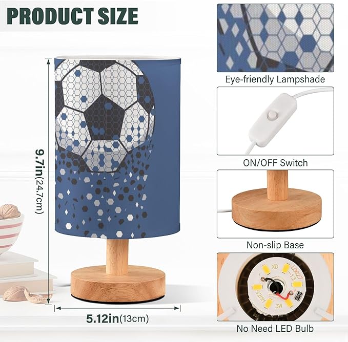 Table Lamp Sparkling Soccer Ball American Football Sport Design Nightstand Lamp with Wood Base Fabric Lamp Shade Bedside Desk Lamp for Living Room Bedroom Kids Room Office