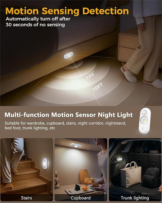 SZOKLED Motion Sensor Puck Lights, Rechargeable Under Cabinet Lights, Stick on LED Night Light for Closet, Drawer, Shelf, White 4Pack, USB Charging Cord Included