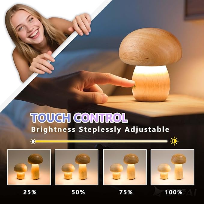 Mushroom Night Lights Rechargeable, Cordless Wooden Mushroom Table Lamps, Portable Desk Lamps for Bedroom, Studyroom, Living Room, Office, Birthday Gifts