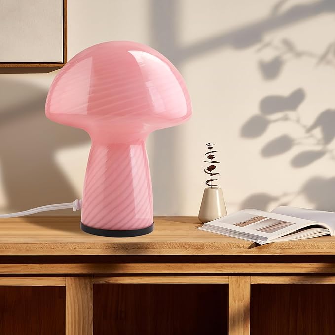 Mushroom lamp,Dimmable Glass Table Lamp,Vintage Style Table Lamp,Stripe Pink Bedside Desk lamp,Cute Table Lamps.（LED Bulbs Included）