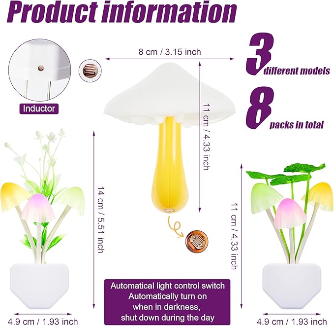Riakrum 8 Pcs Mushroom Night Light 7 Color Changing Mushroom Lights LED Lamp Plug into Wall Sensor Cute Plant Night Lights for Bedroom, Bathroom, Stairs, Toilet, Hallway, Kitchen