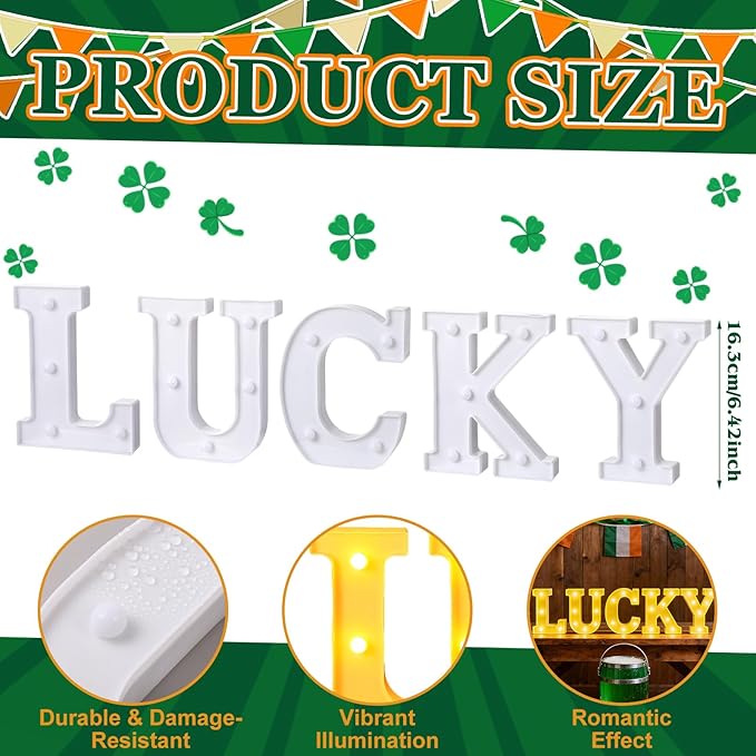 Honoson 5 Pcs St. Patrick's Day Party Decorations Lucky LED Letter Lights up Sign Irish Lucky Table Decoration for Indoor Home Shelf Patricks Day Holiday Party Suppliesn
