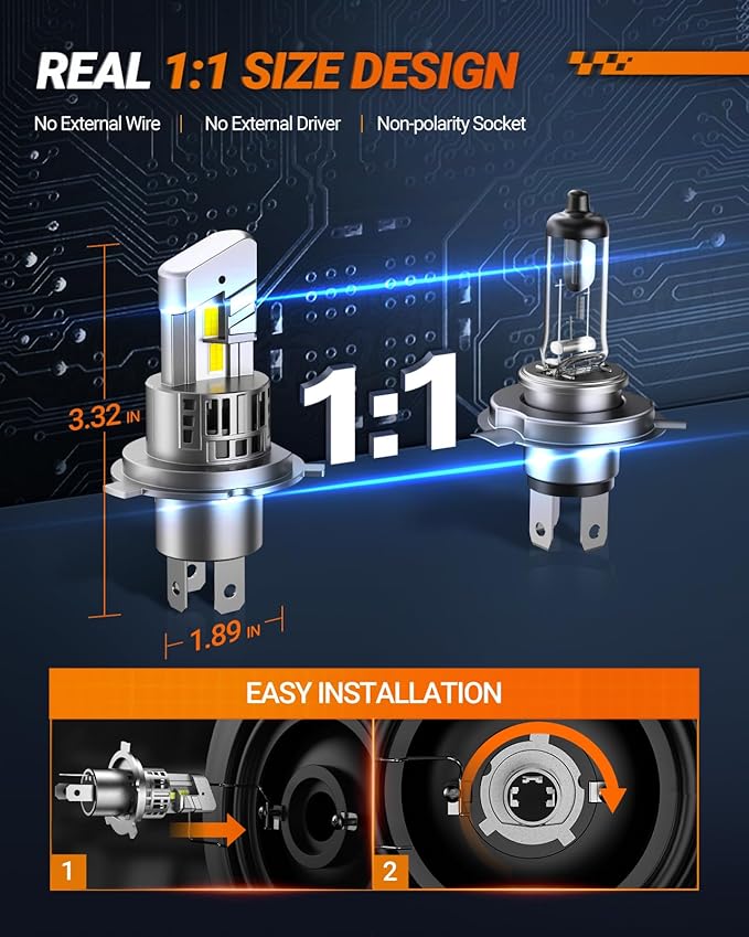 SEALIGHT H4 9003 HB2 Fog Light Bulbs, 30000LM 6500K Cool White, 1:1 Mini Size, H4 Bulb Fog Light with 13000RPM Cooling Fan, 3 Mins Plug-N-Play, Non-polarity, Pack of 2