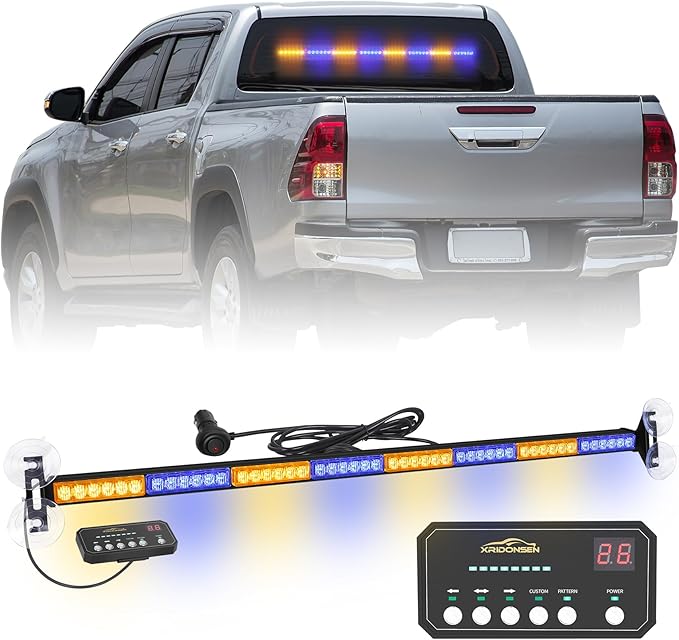 XRIDONSEN 35 inch Amber Blue Traffic Advisor Light Bar 48 LED Emergency Strobe Lights Safety Warning Lights Front/Rear Window w/Display Controller for Firefighter Police Vehicles Trucks