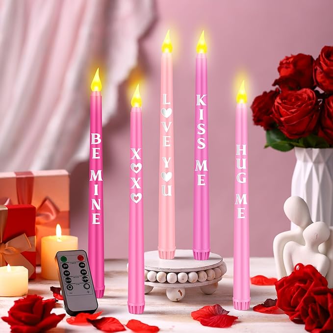 5 Pcs Valentines Day LED Flameless Candle Set Valentine Day Conversation Flameless Taper Candles with Words Battery Operated Seasonal Celebration with Remote for Wedding Romantic Night