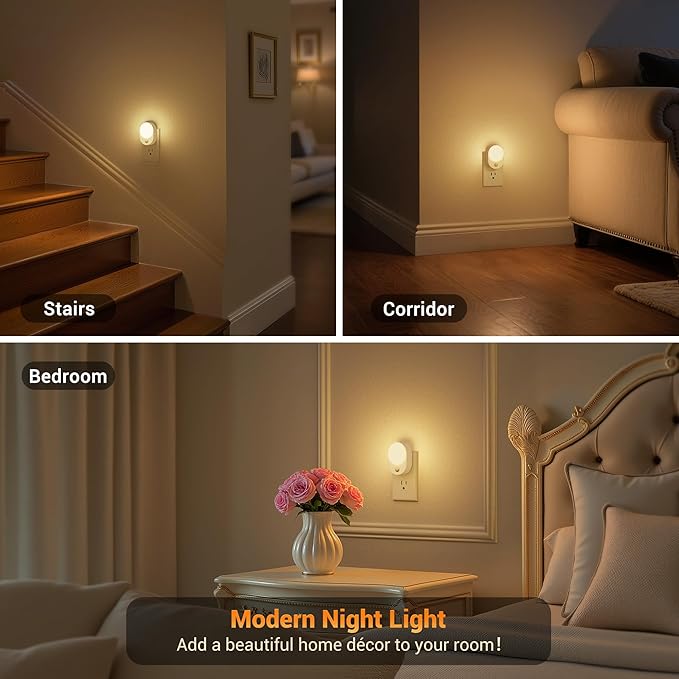 JandCase LED Motion Sensor Night Light, 2 Pack, Motion Activated Sensor Night Lights Plug into Wall, 3000K Warm White, Dimmable Nightlight with Dusk to Dawn Sensor for Kids Bathroom Hallway Bedroom