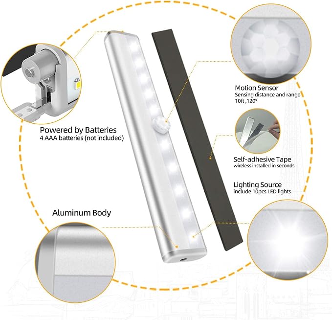 6 Pack LED Motion Sensor Lights, 10 LED Closet Battery Operated Lights, Stick-On Anywhere Magnetic Night Light Bar, Led Safe Light Indoor for Closet Stairs Wardrobe Under Cabinet