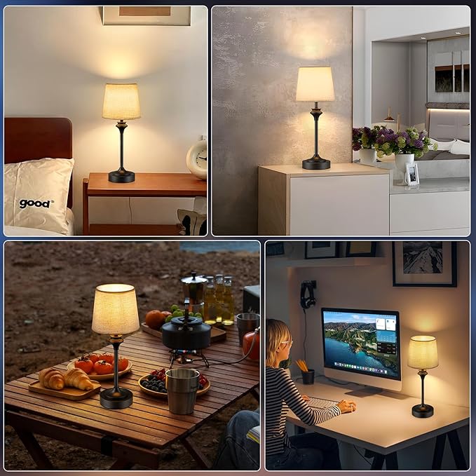 NIORSUN Portables Cordless Table Lamp,Flaxen Fabric Shade Battery Operated Lamp,5200mAh Bedside Table Lamp with Warm White,3 Way Dimmable Touch Desk Lamp for Bedroom Living Room Restaurant (Black)