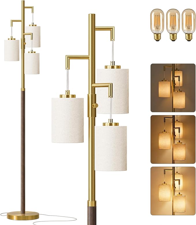 70" Dimmable Floor Lamp Wood Floor Lamps for Living Room Bedroom Mid Century Modern Floor Lamp Gold Standing Lamp Tall Lamps for Office Nursery Reading Elegant Stand Up Lamp, 3 Bulbs Included