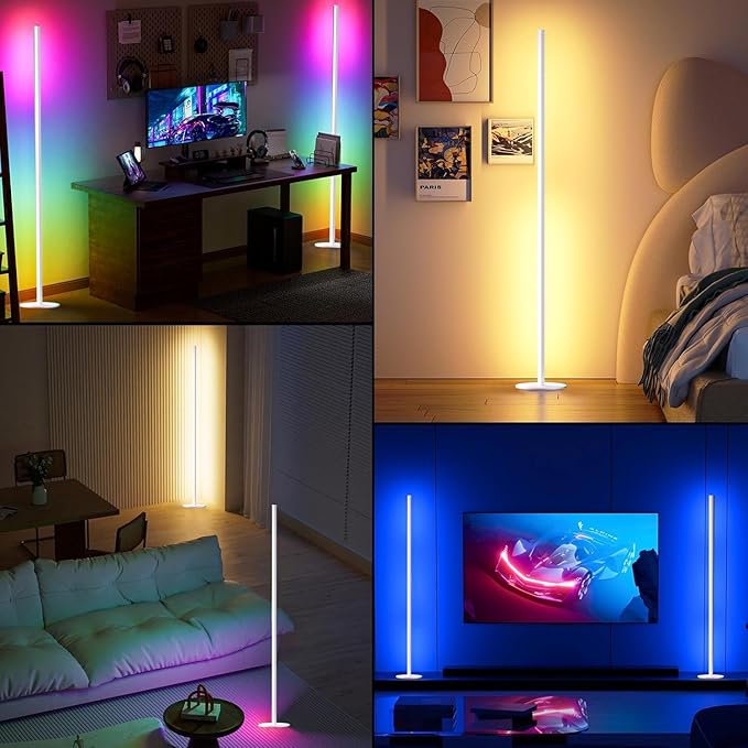 White Corner Floor Lamp Pair, RGB IC Corner Lamps with APP & Remote Control, 16 Million Colors, Timing, Color Changing Ambient Lighting for Living Room Bedroom Gaming (Share One Adapter)