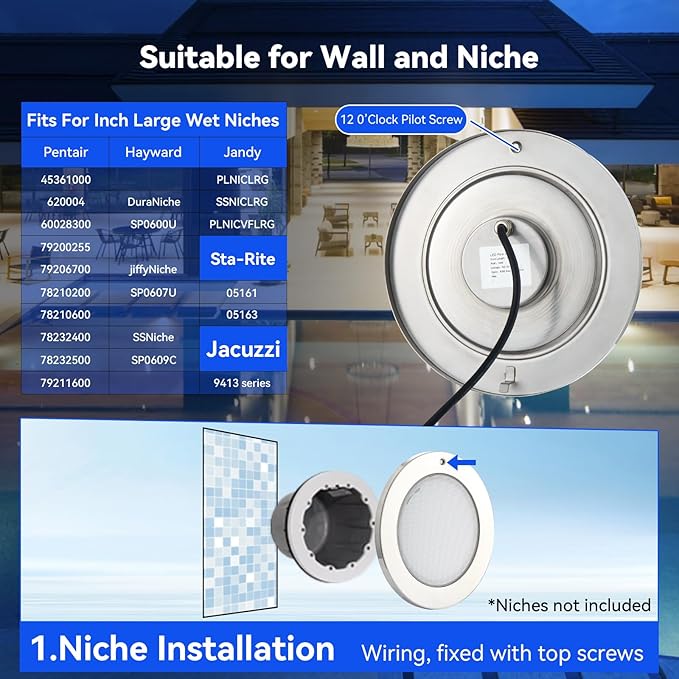54W LED Pool Light for Inground Pools, 10 Inch, 100FT Cord, 12V, Waterproof 2-in-1 Controller & Transformer, 316 Stainless Steel, Remote & Manual Control, Suitable for Most 10 Inch Wet Niches