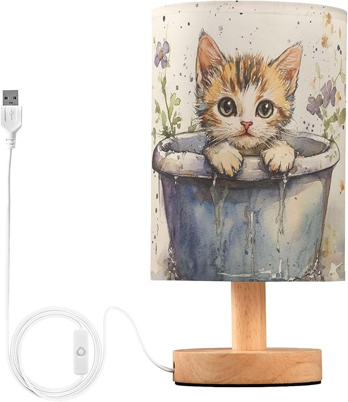 Watercolor Kitten Cat in Tub Table Lamp with Wood Base Fabric Lamp Shade Bedside Nightstand Desk Lamp for Living Room Bedroom Kids Room Office
