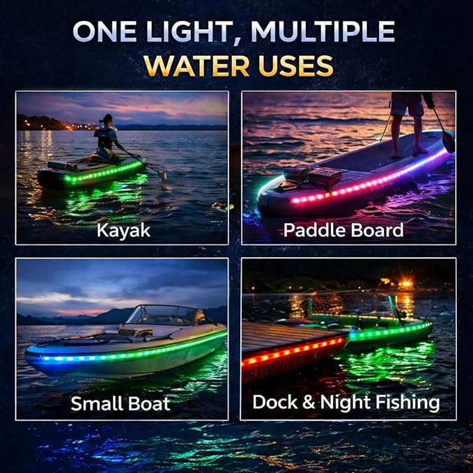 Battery Powered Boat Lights, 2 Pcs 8FT IP68 Submersible RGB Marine LED Strip Lights with Remote, Interior Courtesy Deck Lighting for Kayak SUP Canoe Pontoon, Jon Boat, Bass Boat, Fishing Safety