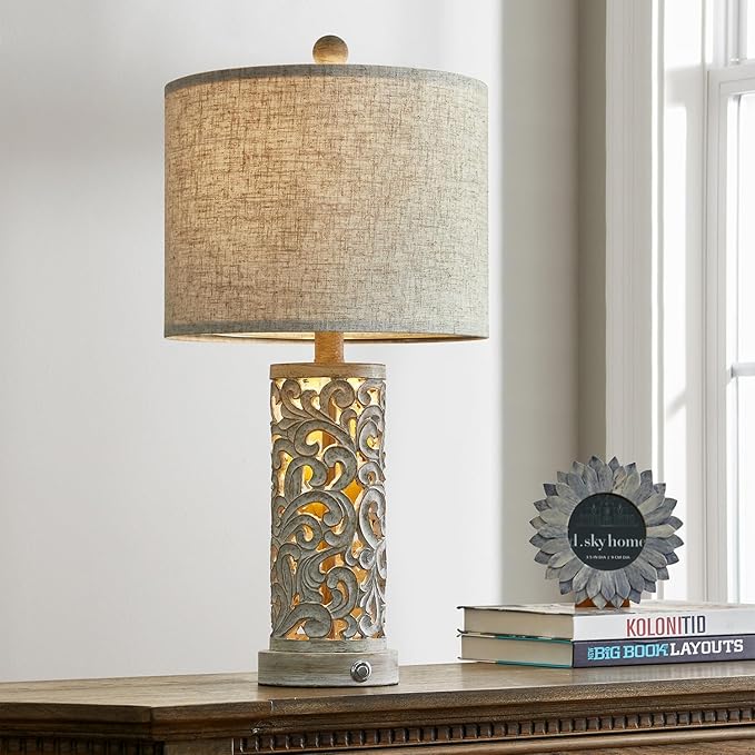 OYEARS 3-Way Dimmable 22'' USB A+C Touch Control Table Lamp with Nightlight for Living Room Bedroom Farmhouse Bedside Nightstand Lamps (Bulb Included)