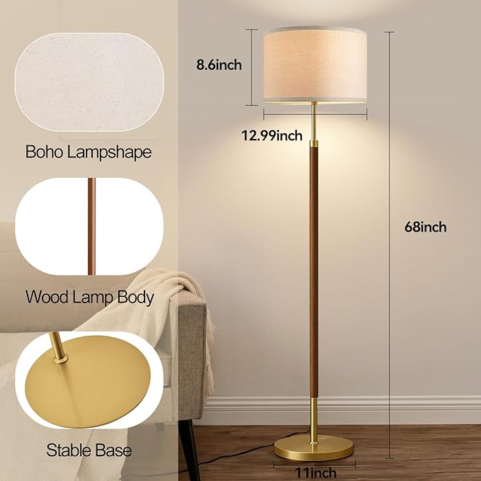 Wood Floor Lamps for Living Room Farmhouse Floor Lamp with Remote Control,Dimmable Vintage Floor Lamp Mid Century Modern Standing Lamp with 3 Color Temperature Tall Floor Lamps For Bedroom Corner