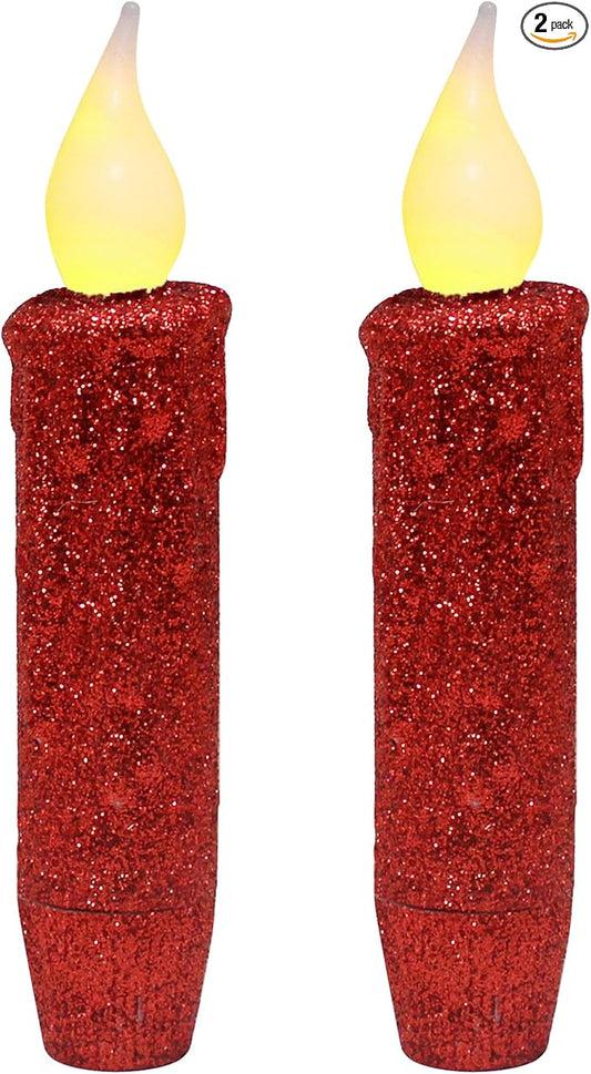 CVHOMEDECO. Glitter Flameless Candles Flickering Battery Operated LED Taper Candles with Timer for Home, Wedding, Halloween, Christmas Decor. Red, 4-3/4 Inch, Set of 2