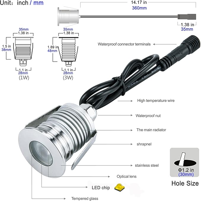 LED In-Ground Well Light,1W,12V-24V DC, IP67 Waterproof Aluminum Buried Underground Lamps,Outdoor Landscape Lighting,Warm White 3000K (watts, 1)