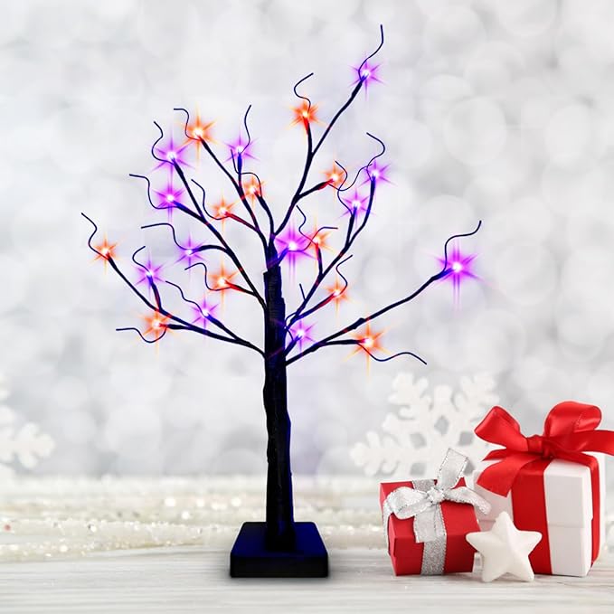 2-Pack Lighted Halloween Christmas Fall Tree Decorations Indoor, 2ft Black Birch Tree with LED Lights, Small Tabletop Christmas tree with lights, Warm White Battery- Powered Fairy Light Spirit