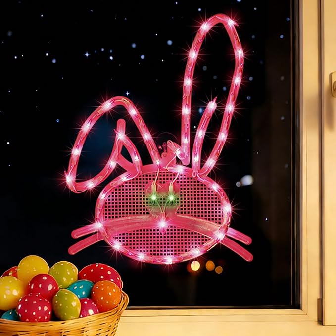 17" 40LED Lighted Pink Bunny Easter Decor, Soft Warm Glow for Window, 120V Plug-in, UL Certified, Beautiful Gift Box Packed
