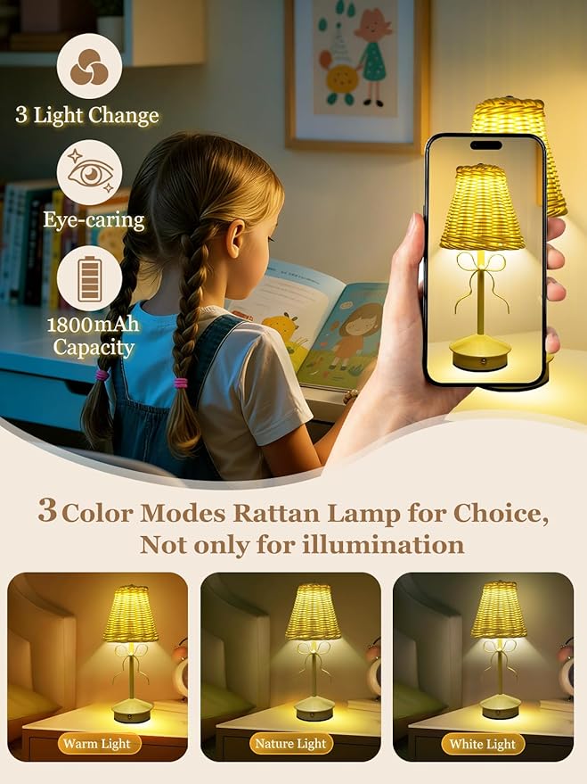 Boho Bow Rattan Table Lamp, Cordless Wicker Woven Vintage Table Lamp - LED Rechargeable Touch Control 3 Color Dimmable Reading Bedside Lamp for Bedroom Living Room Office, Home Outdoor Decor
