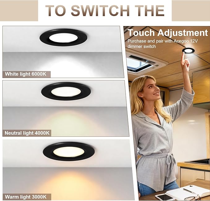 LED Puck Lights,Rv Led Lights Interior 12v with Dimmer Switch & 3 Colors Adjustable for Interior/Camper/Trailer/Boat/Car(Black-3 Colors, 8 Pack)