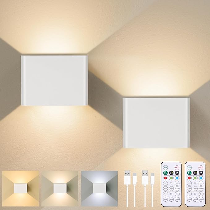 Motion Sensor Wall Light Indoor Set of 2, 6000mAh Wireless Rechargeable Battery Operated LED Wall Sconce Up & Down with Touch & Remote Control, Battery Powered Magnetic Wall Lamps with 3CCT, White