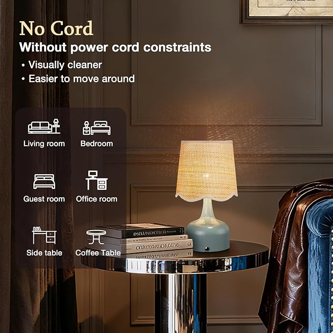 Cordless Boho Table Lamp Blue, Scalloped Wicker Shade, 5200-mAh Rechargeable Battery, 3-Way Dimmable, Build-in Integrated LED 320 Lumen Max, for Bedside Living Room