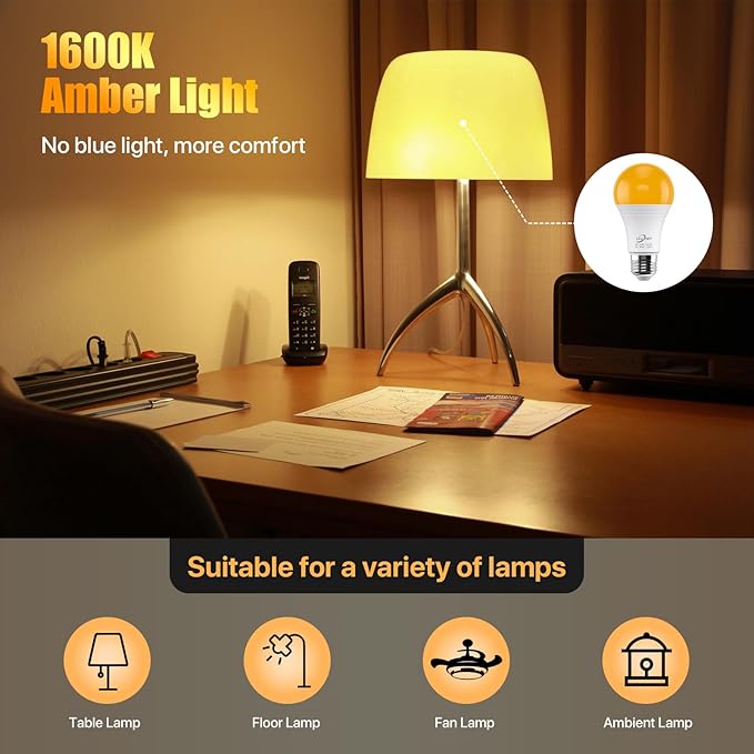 Amber Light Bulbs with Dimmable, 1600K Warm White 180LM NightLight, Blue Light Blocking, Energy Saving, 3W LED, 45W Replacement, Sleep Aid E26 Base Bulb for Bedroom, Baby Nursery Room