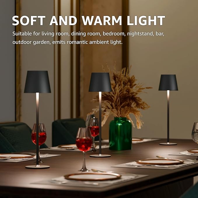 uuffoo 3 Pack Cordless Table Lamp Rechargeable 5000mAH Battery Operated Lights Touch Control LED Portable Desk Lamps 3 Color Dimming for Outdoor Coffee Bedroom Kitchen (Black)