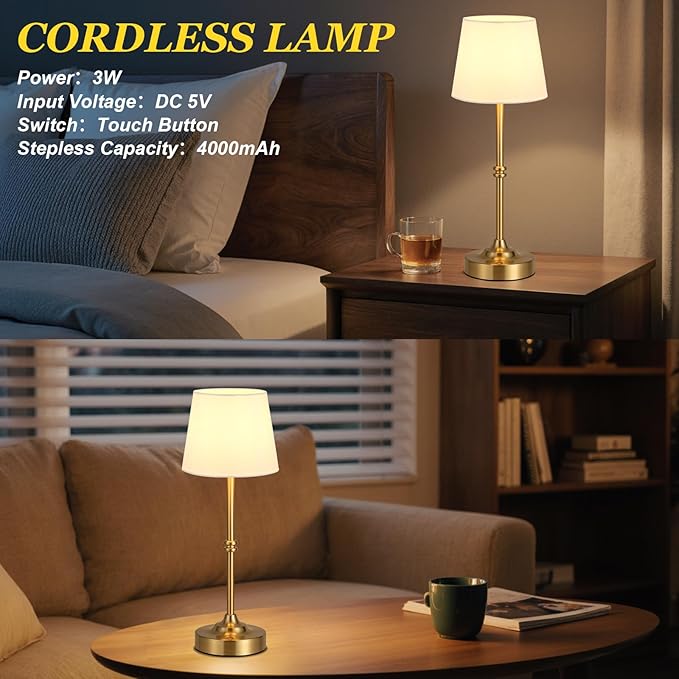 Kakanuo Rechargeable Cordless Table Lamp Gold - 1 Pack Brass 4000mAh Battery Operated Lamp, Touch Control Stepless Dimming, for Home Decor, Dining Table, Living Room, Bedroom