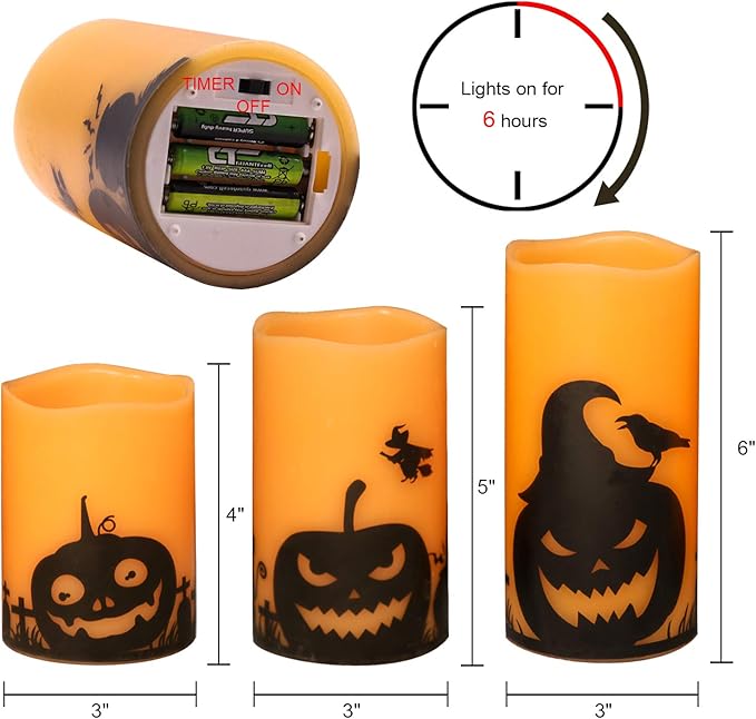 DRomance Pumpkin Flameless Candles Battery Operated with 6 Hour Timer, Set of 3 Real Wax LED Flickering Pillar Candles Spooky Halloween Decor Candle(3 x 4, 5, 6 Inches)