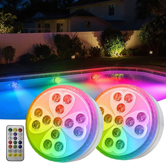 Pool Lights - Rechargeable Submersible LED Light with Remote, 10 Colors & 4 Modes IP68 Waterproof Pool Decor Light for Pool/Vase Base/Spa/Aquarium/Pond/Hot Tub/Decoration/Party, 2-Pack (2 PCS)