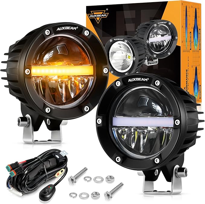 Auxbeam 4 Inch 110W Round Offroad Lights, Amber DRL Design 11000LM LED Light Pods, Super Bright 7035 SMD LED Work Driving Fog Light with DT Wiring Harness Kit for Truck Jeep Pickup SUV ATV UTV, 2 PCS