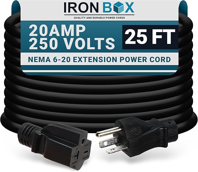 IronBox Electric - NEMA 6-20 Extension Cord - 12/3 SJT Jacket, 20A, 250V Extension Cord - Compatible with Any Generator Equipped with a 6-20 Receptacle - Heavy Duty Cable(Molded, 25 Foot)