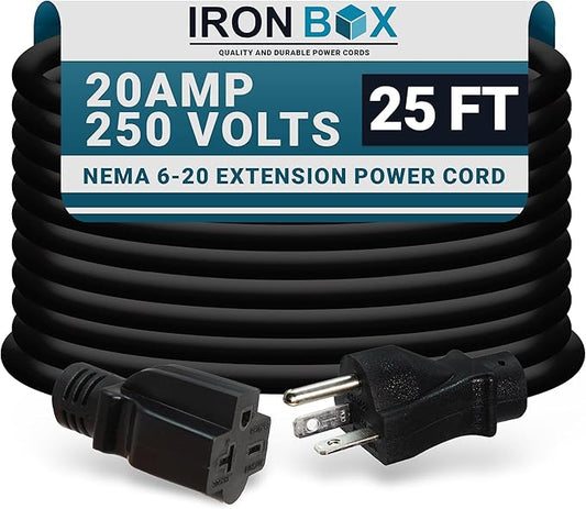 IronBox Electric - NEMA 6-20 Extension Cord - 12/3 SJT Jacket, 20A, 250V Extension Cord - Compatible with Any Generator Equipped with a 6-20 Receptacle - Heavy Duty Cable(Molded, 25 Foot)