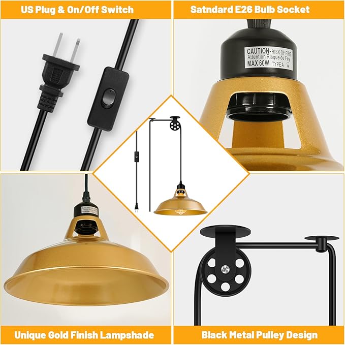 Plug in Pendant Light, Vintage Hanging Lamps with Gold Barn Shade Pendant Lighting with 14.76ft Cord On/Off Switch, Adjustable Pulley Hanging Lights for Kitchen, Bedroom, Living Room (1 Pack)