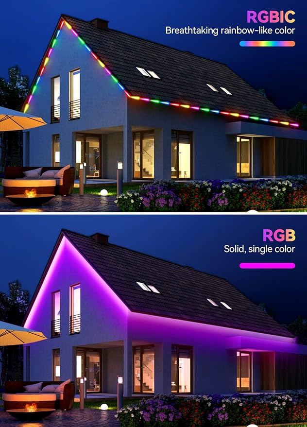 105FT Continuous RGB+IC Outdoor Led Strip Lights Waterproof with RF Remote & Bluetooth Music Sync App Control, Long Color Changing LED Rope Lights,IP67,24V (RGB+IC, 105FT)