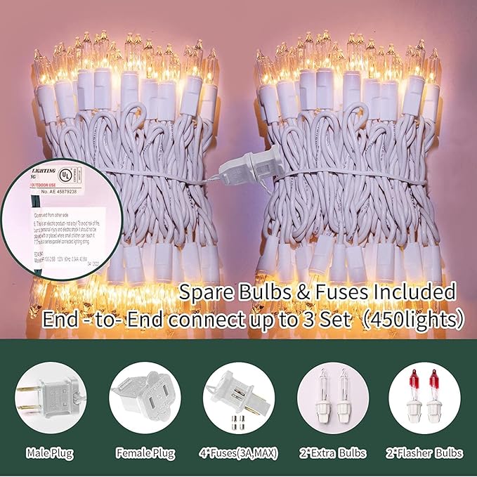 LAMPHOME Christmas Lights 2PACK 150count Mini Clear Lights White Wire Christmas Tree String Lights Set for Outdoor Indoor Christmas Decorations Wedding Valentines Day Decor,UL Certified （31.9ft X2）