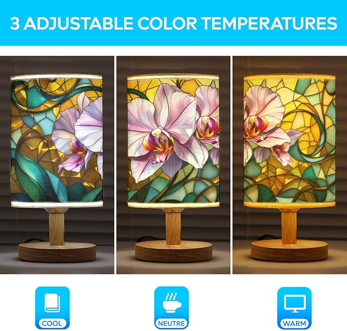 Orchid Table Lamp LED 3-Color Pressed Bedside, Orchid Shade Lamp with Wood Base for Bedroom Living Room Desk Office TL01