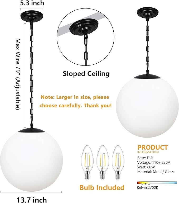 KoKo&Yukina 13.7" Black Globe Pendant Light Mid Century Pendant Light Milk Glass Pendant Lights Kitchen Island Adjustable Hanging Light Fixture for Dining Room Bedroom Kitchen Island