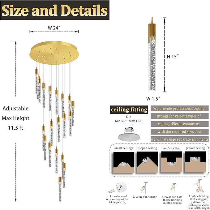 Flashing God Gold 20 Lights High Ceiling Chandelier Modern Dimmable Light Fixtures Foyer Chandelier Pendant Lighting Crystal Ceiling Chandeliers Fixtures for Villa Staircase Hallway 11.5feet Long