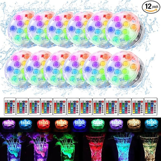 12 Pack Submersible Led Lights with Remotes, 16 Colors Changing Shower Lights Battery Operated, Led Puck Lights Jack o Lantern for for Founttain, Pond, Garden, Wedding, Shower